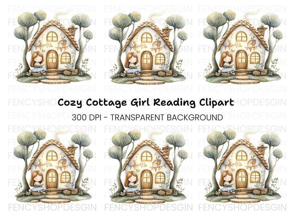 Cozy Cottage Girl Reading Clipart Bundle