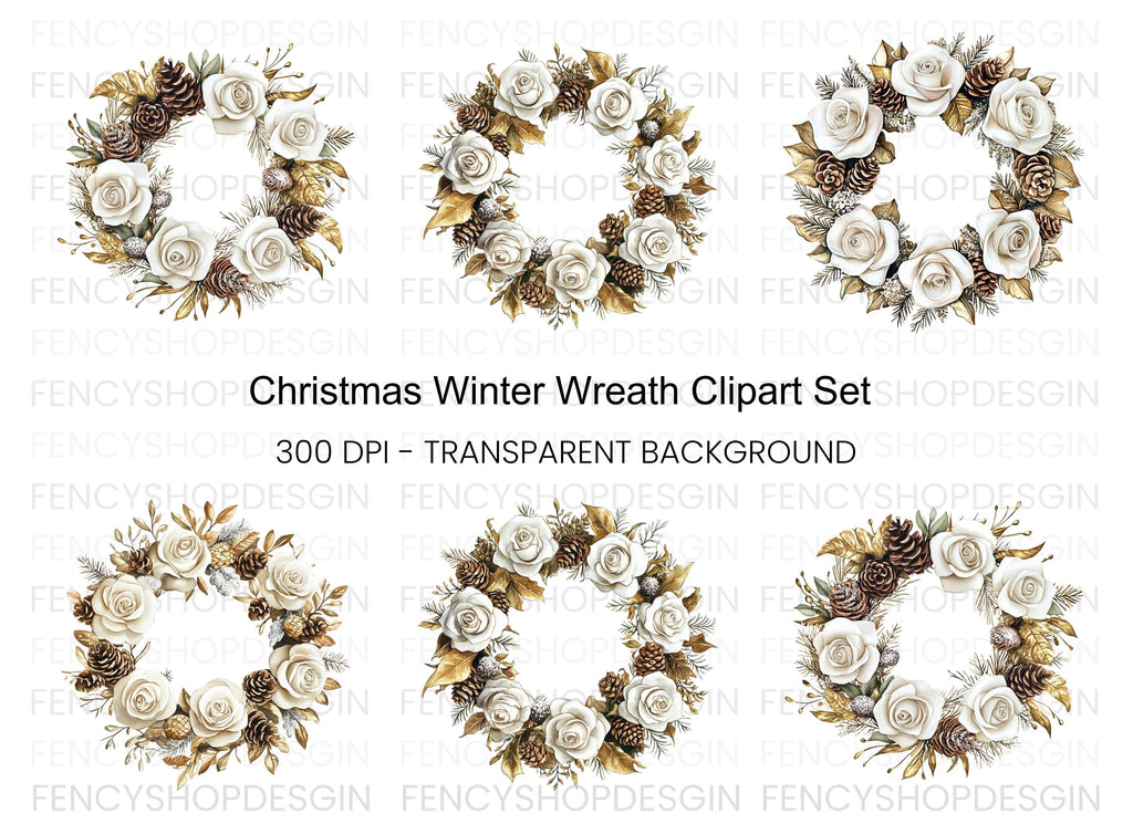 Elegant Winter White Rose Wreath Clipart Bundle
