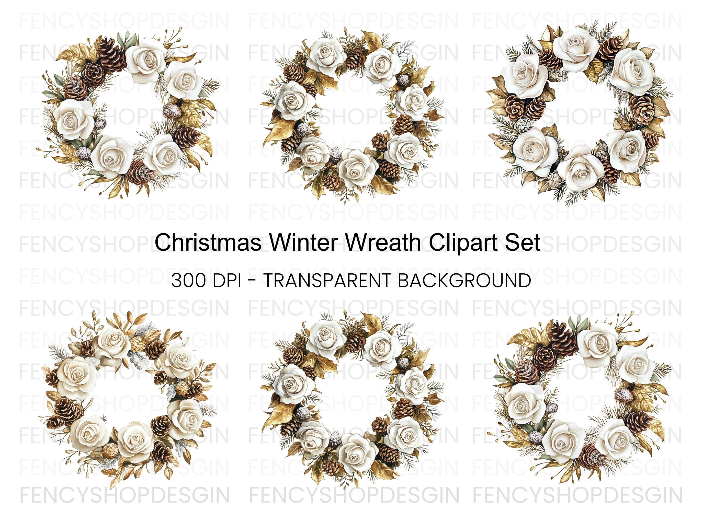 Elegant Winter White Rose Wreath Clipart Bundle