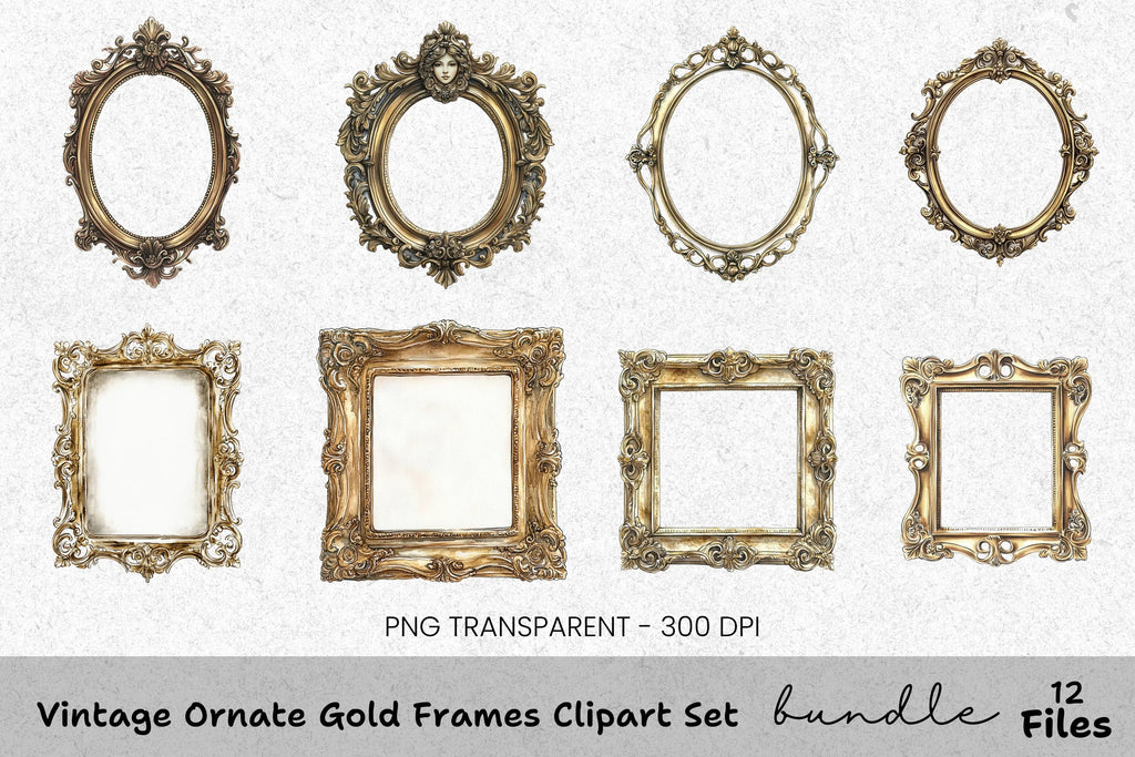 Vintage Ornate Gold Frames Clipart Bundle