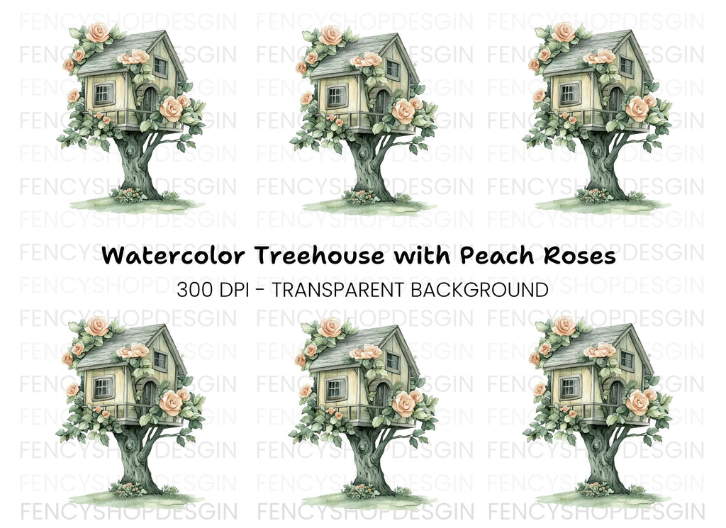 Charming Treehouse with Peach Roses Clipart Bundle
