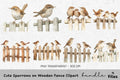 Cute Sparrows on Wooden Fence Clipart Bundle