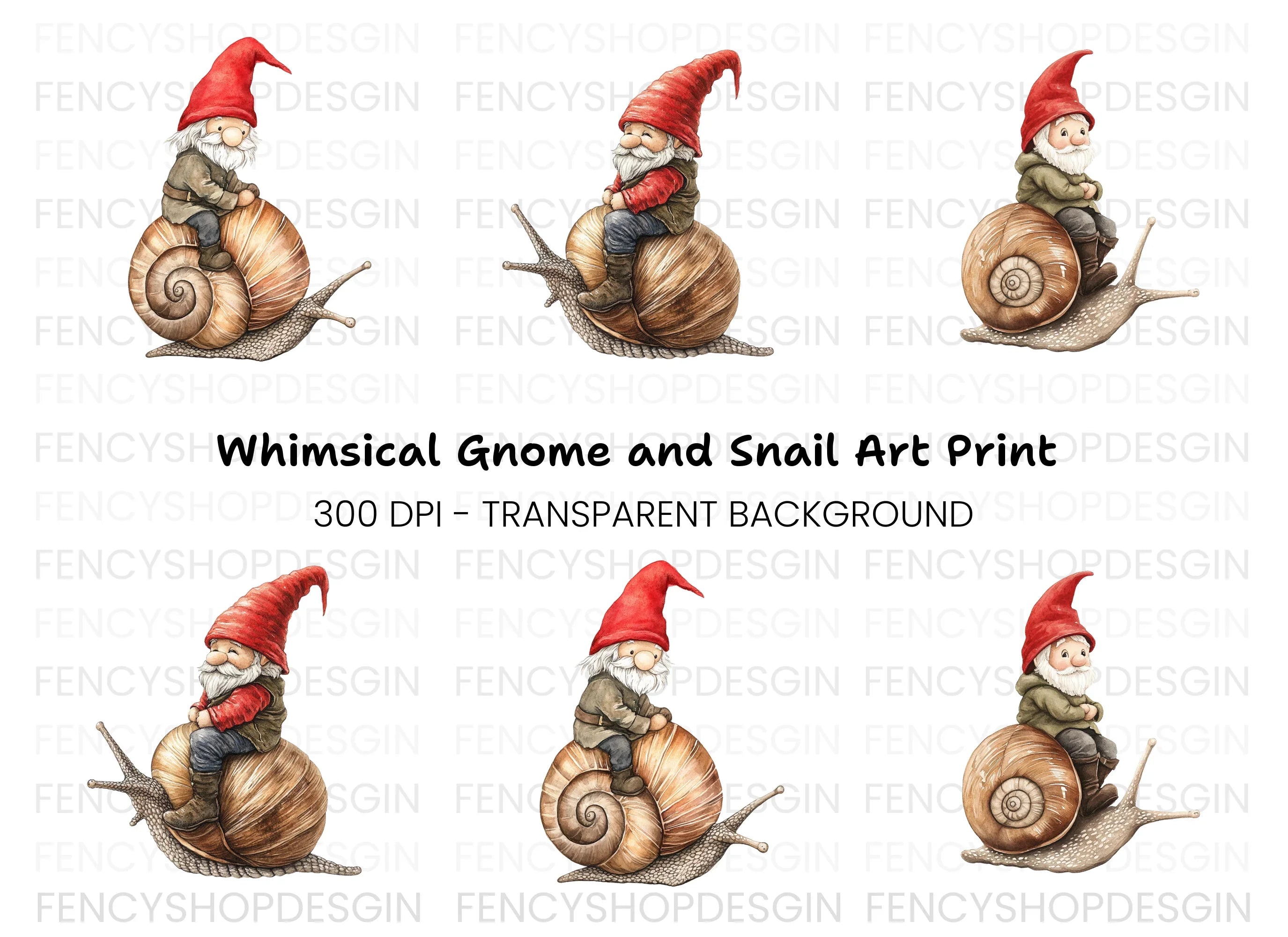 Red Hat Gnomes Riding Snails Clipart Bundle