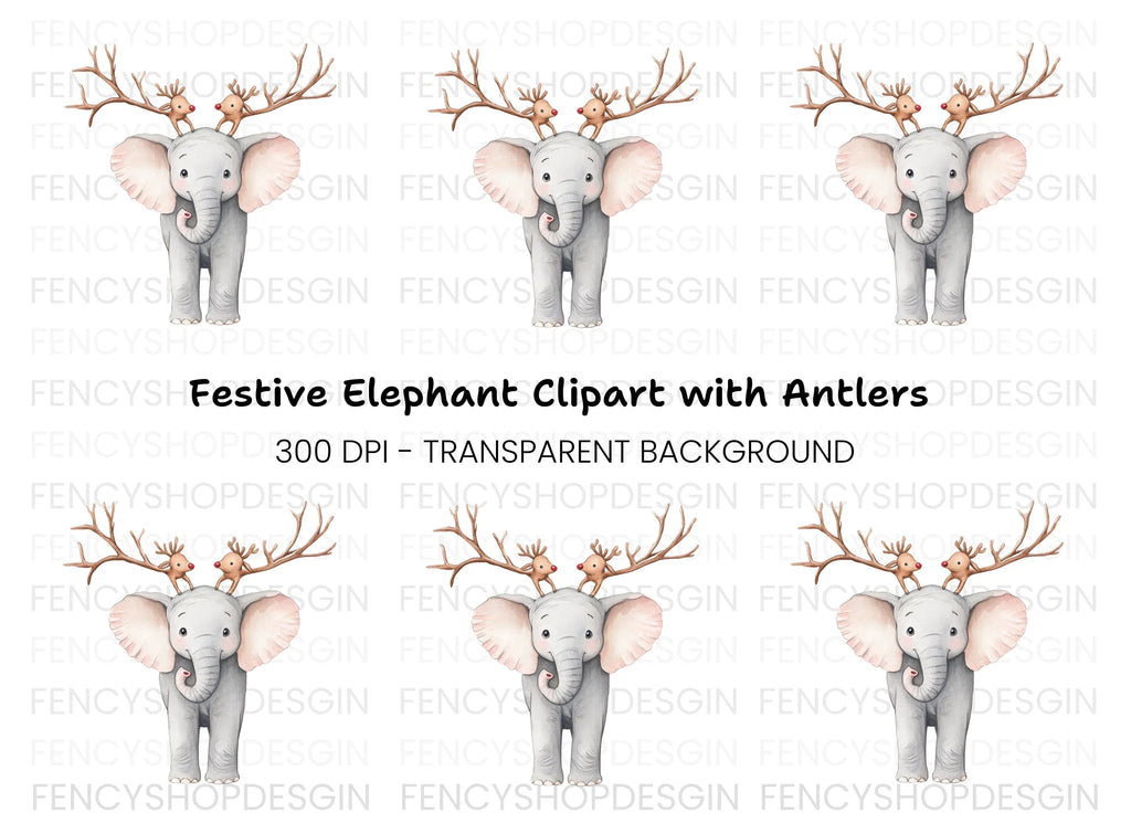 Cute Elephant with Reindeer Antlers Clipart Bundle