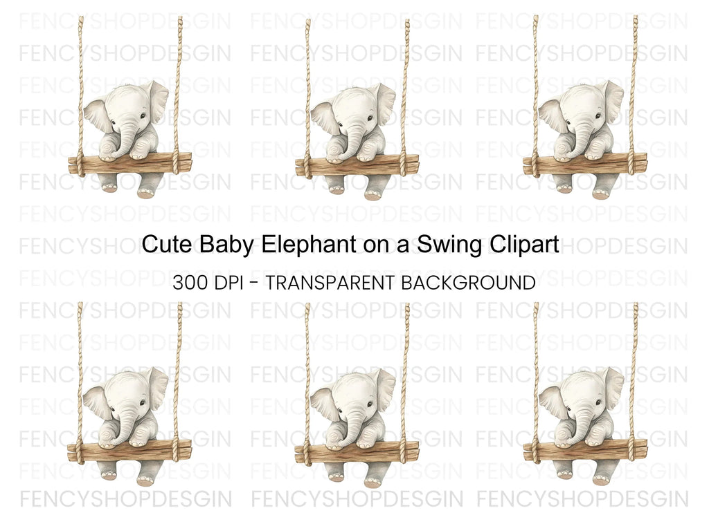Cute Baby Elephant on Swing Clipart Bundle