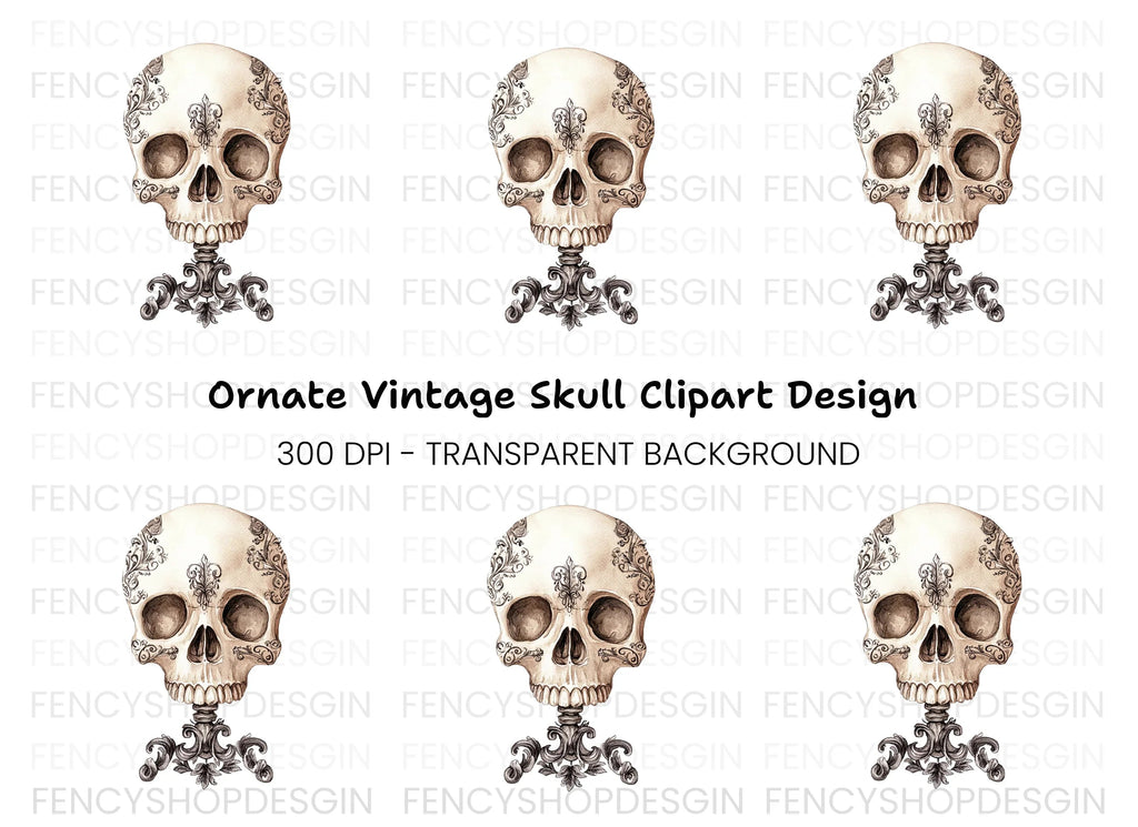 Ornate Floral Skull Clipart Bundle