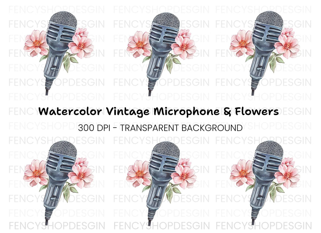 Vintage Microphone with Pink Flowers Clipart Bundle