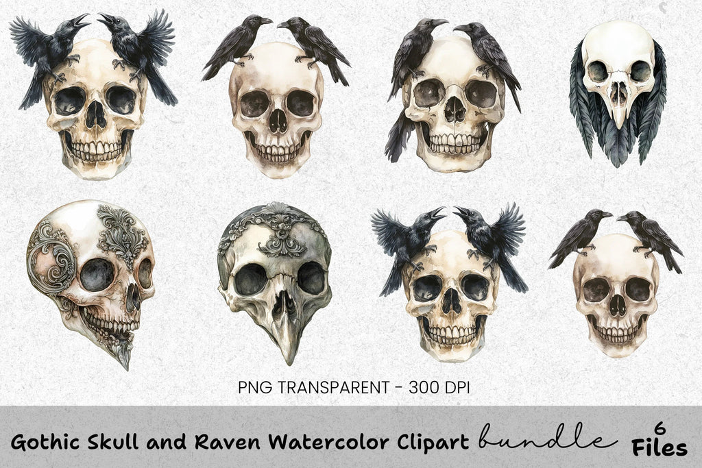 Gothic Skull and Raven Clipart Bundle