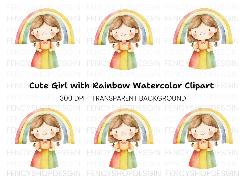 Cute Girl with Rainbow Clipart Bundle