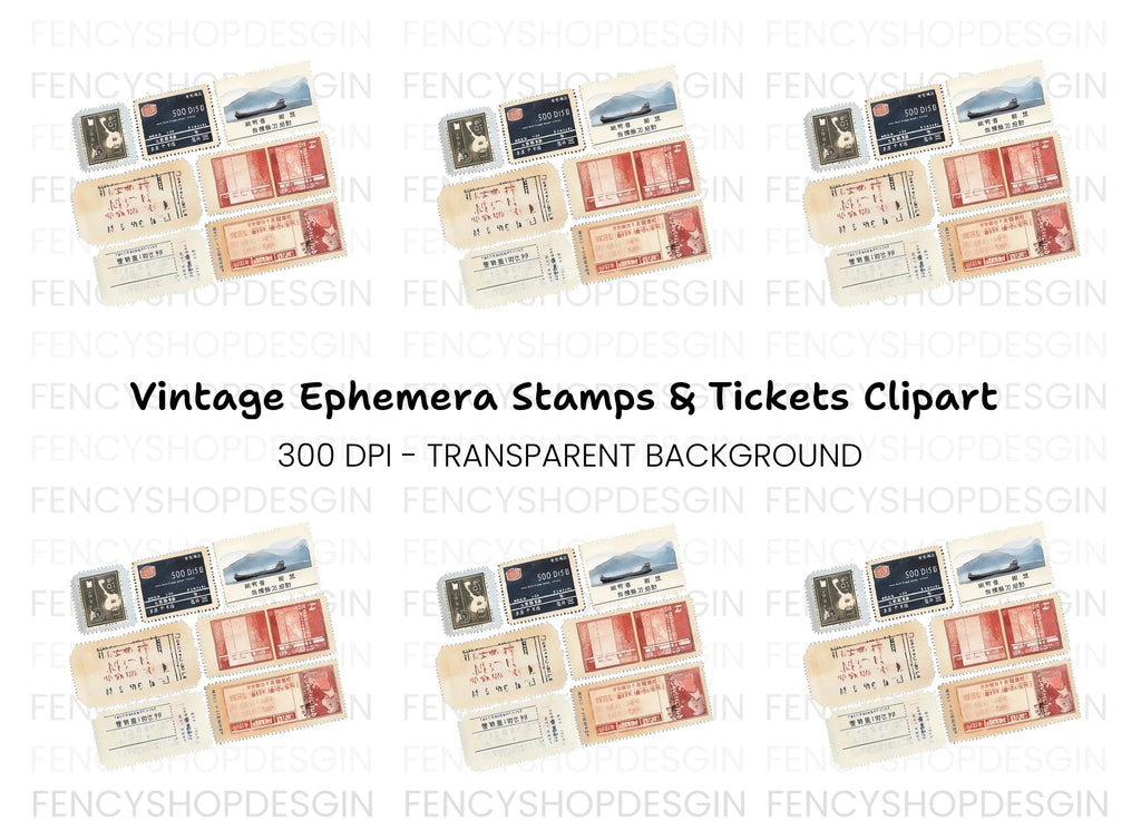 Vintage Asian Postage Stamps Clipart Bundle