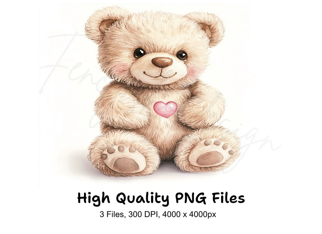 Cute Teddy Bear with Pink Heart Clipart Bundle