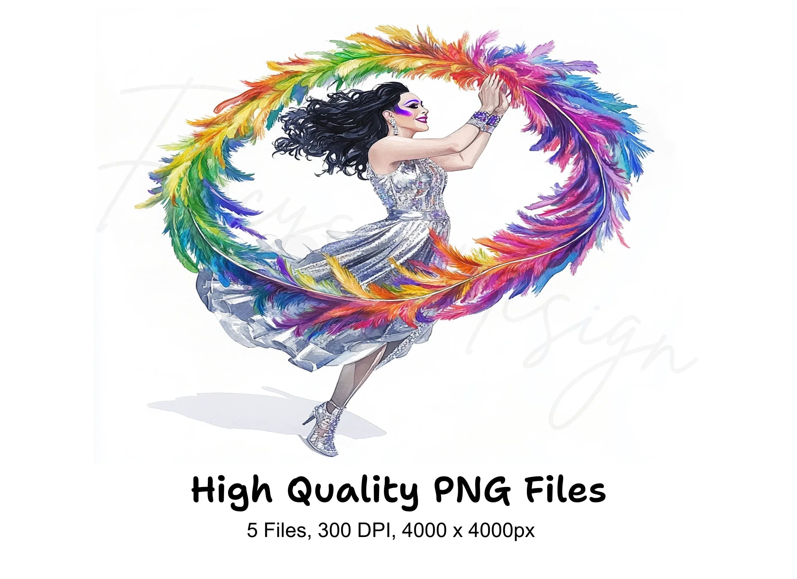 Joyful Woman with Rainbow Feather Boa Clipart Bundle