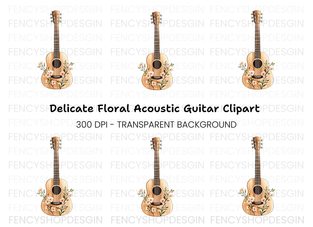 Elegant Floral Guitar Clipart Bundle