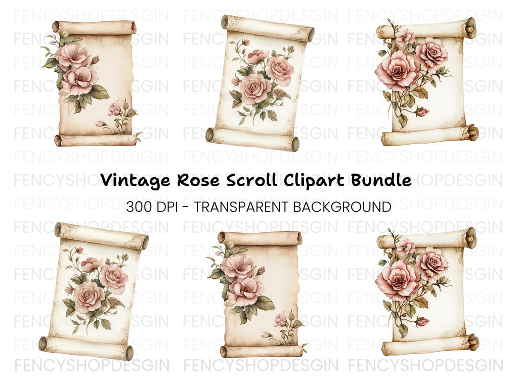 Vintage Rose Scroll Clipart Bundle