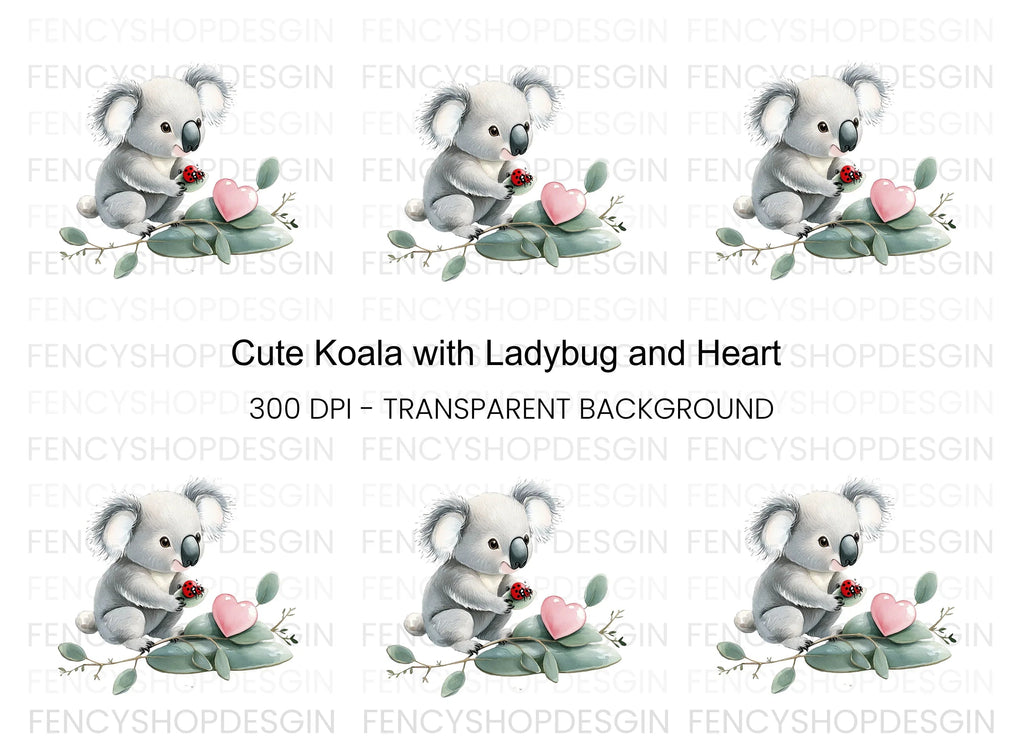 Cute Koala with Ladybug and Heart Clipart Bundle