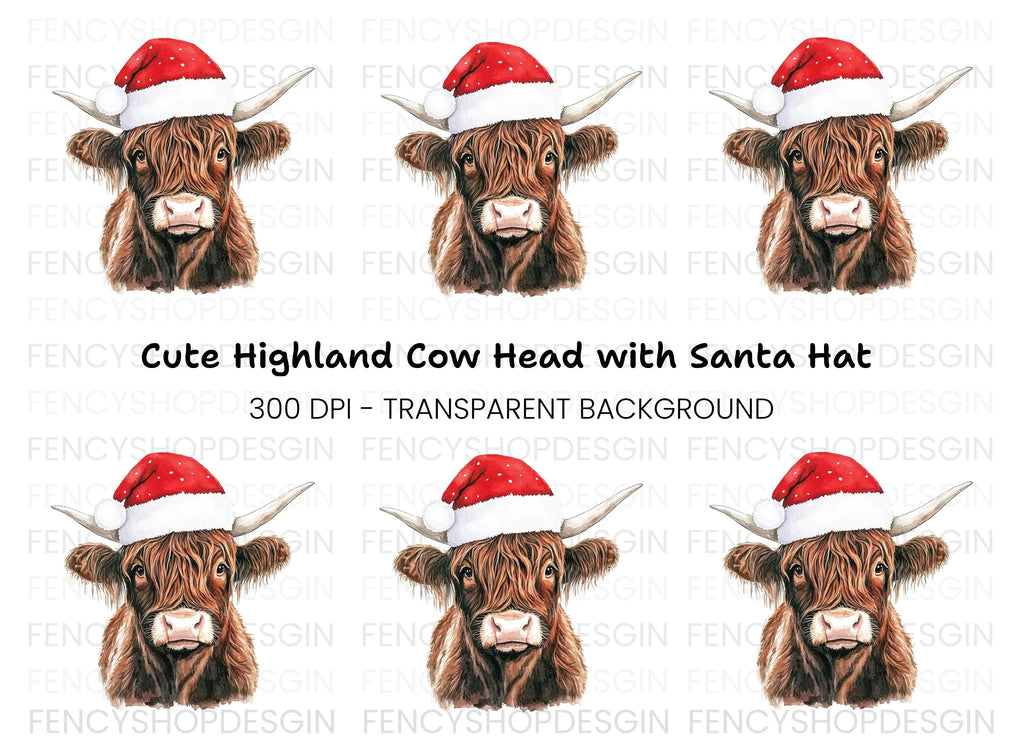 Cute Highland Cow with Santa Hat Clipart Bundle