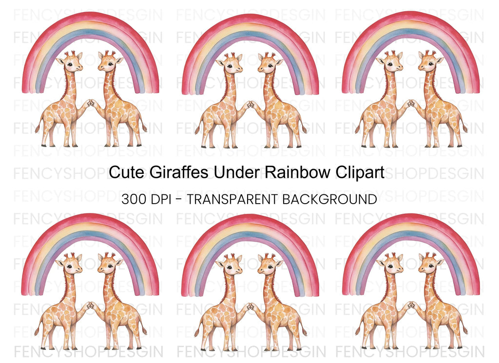 Cute Giraffes Under Rainbow Clipart Bundle