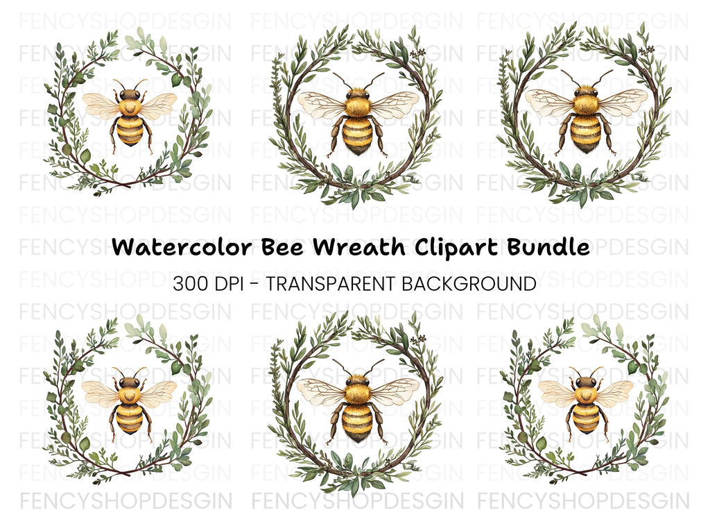 Two Bees in Botanical Wreaths Clipart Bundle