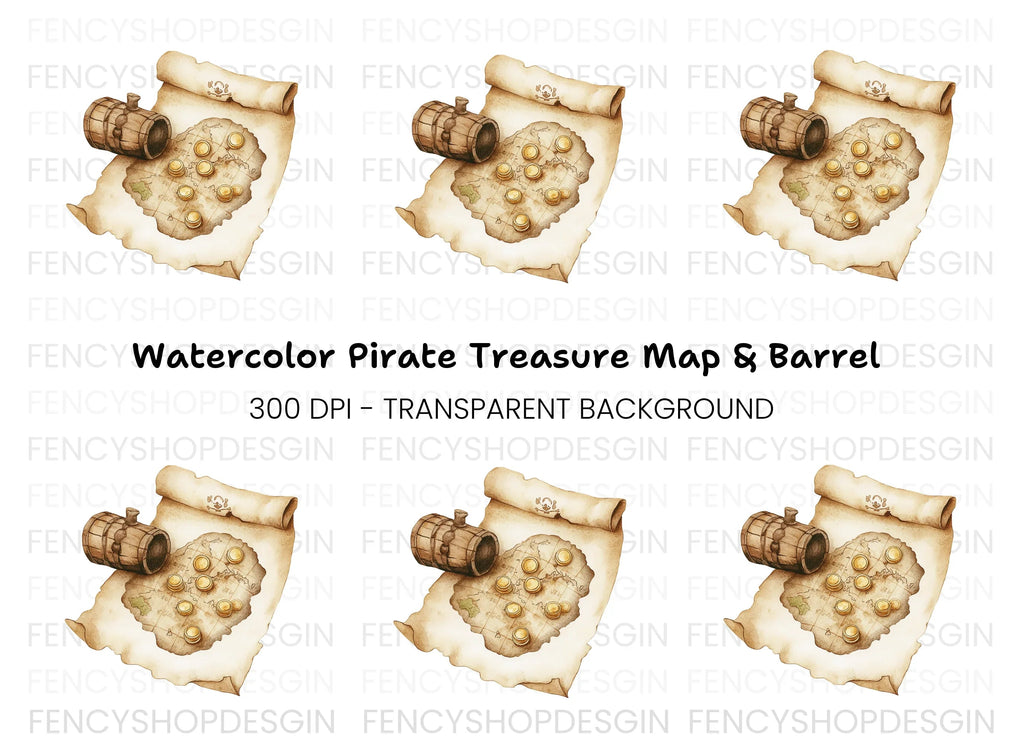 Pirate Treasure Map and Barrel Clipart Bundle