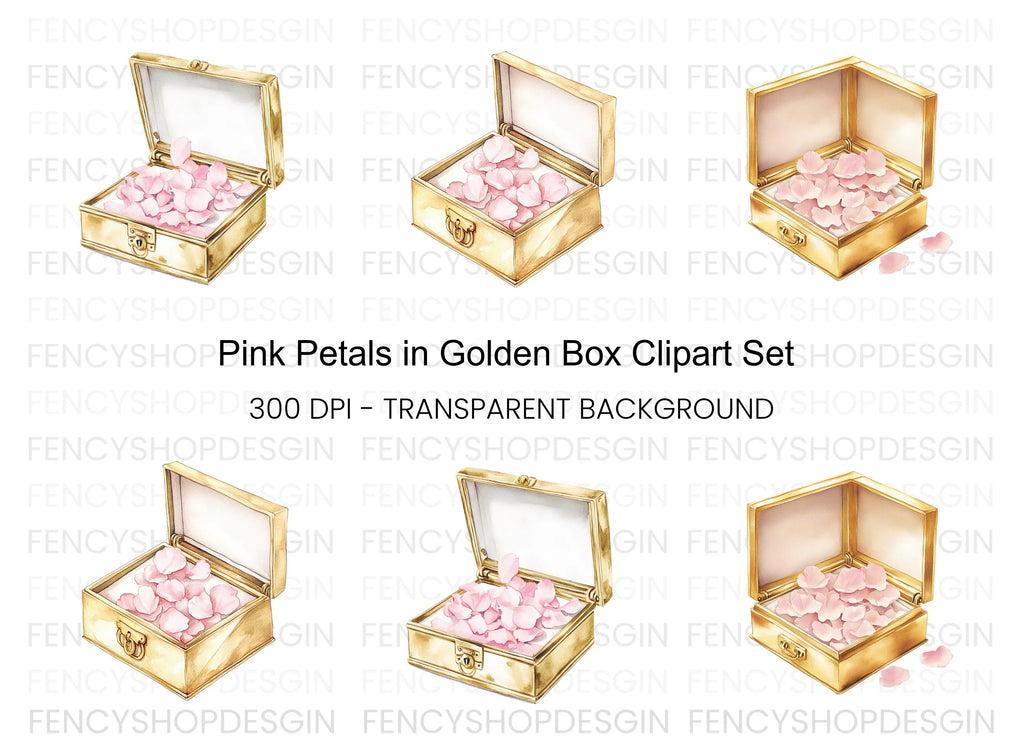 Pink Petals in Golden Box Clipart Bundle