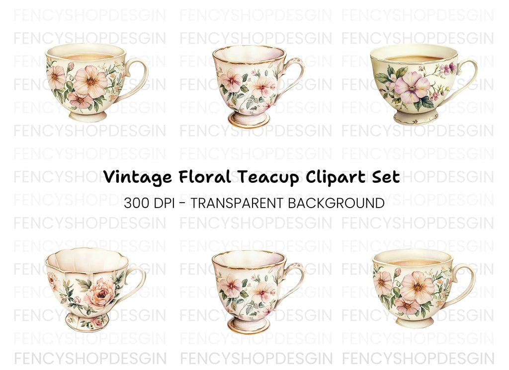 Elegant Floral Teacups Clipart Bundle