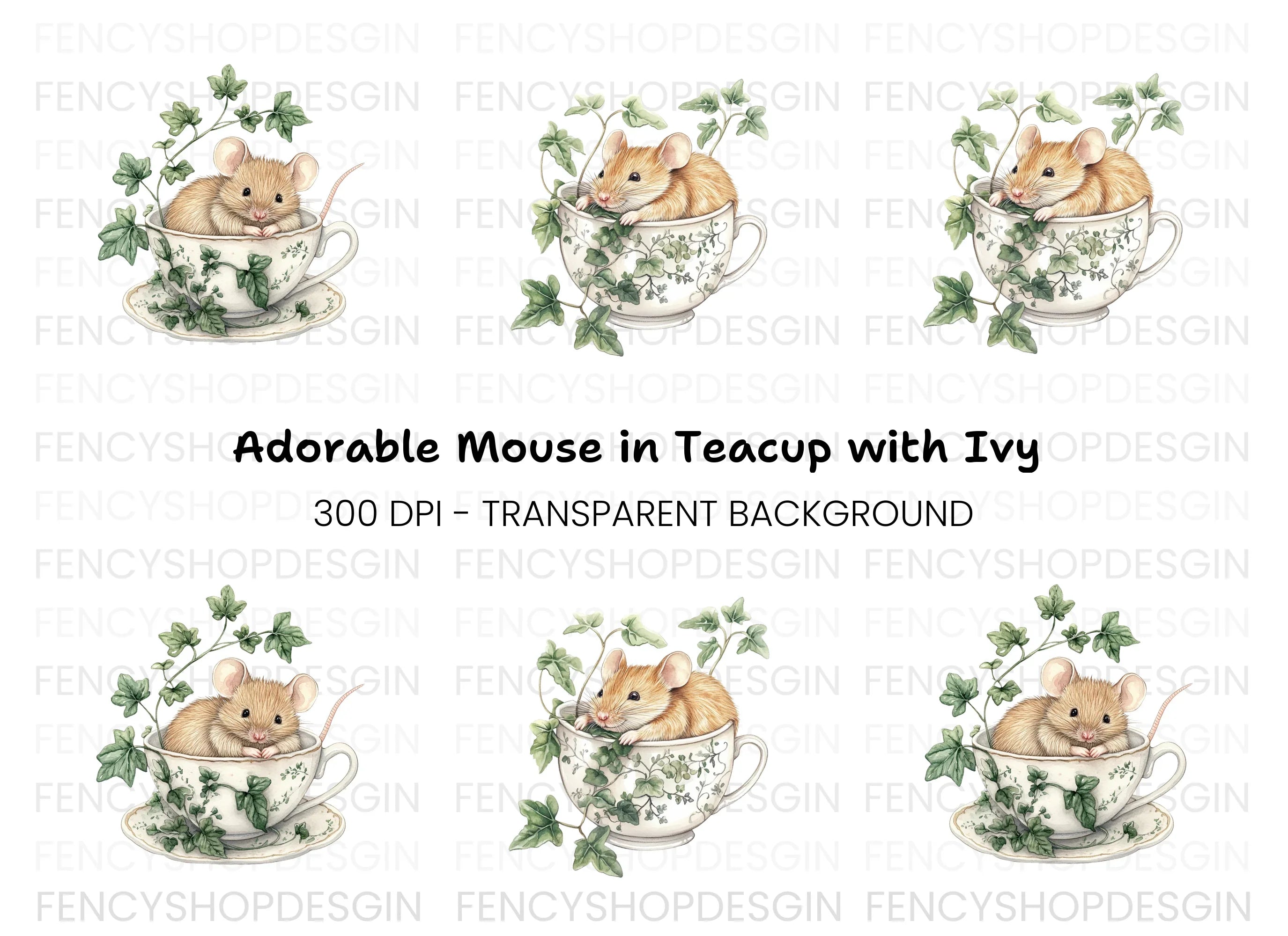 Brown Mice in Teacups Clipart Bundle