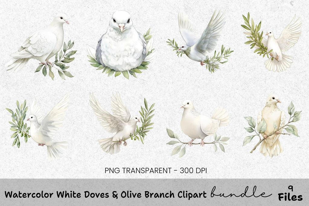 White Doves Olive Branch Clipart Bundle