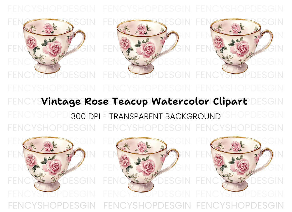Pink Rose Teacup Clipart Bundle