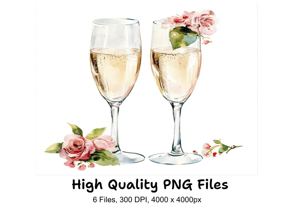 Floral Champagne Glasses Clipart Bundle