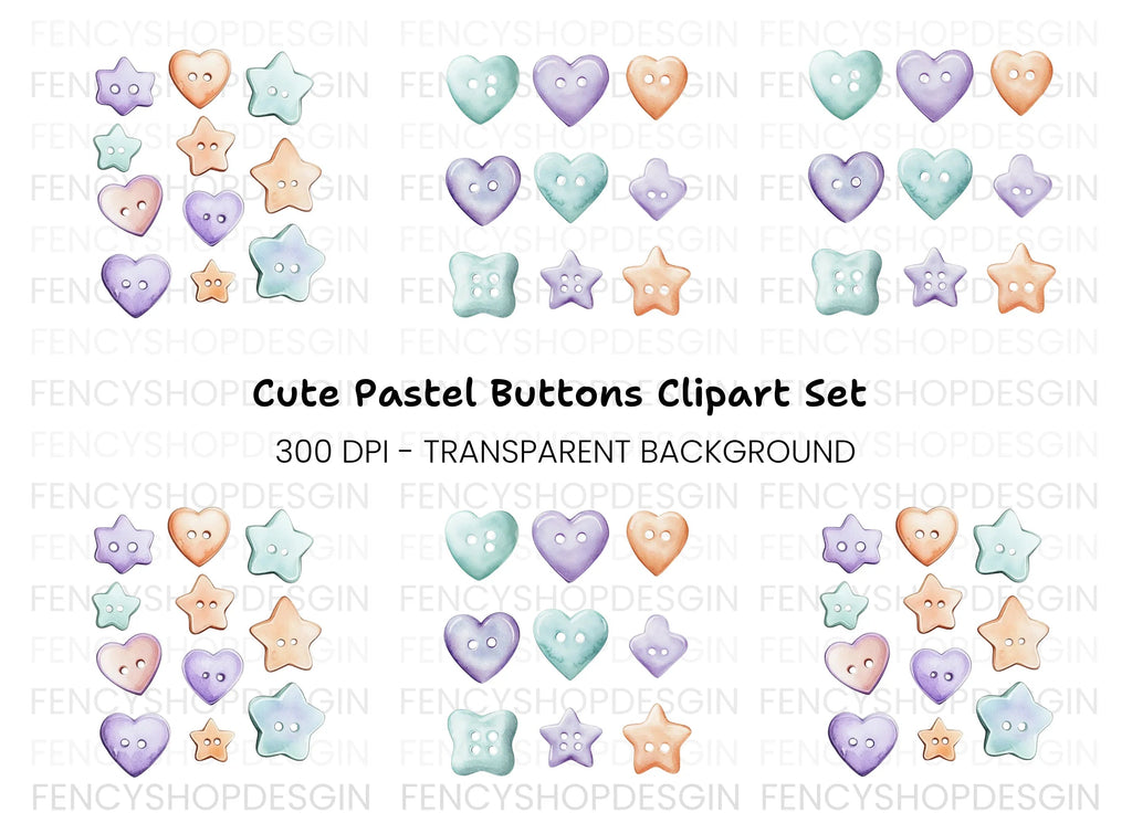 Assorted Pastel Heart and Star Buttons Clipart Bundle