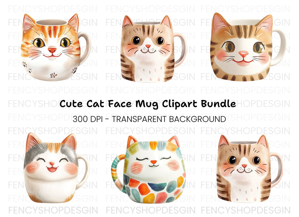Cute Cat Mugs Clipart Bundle