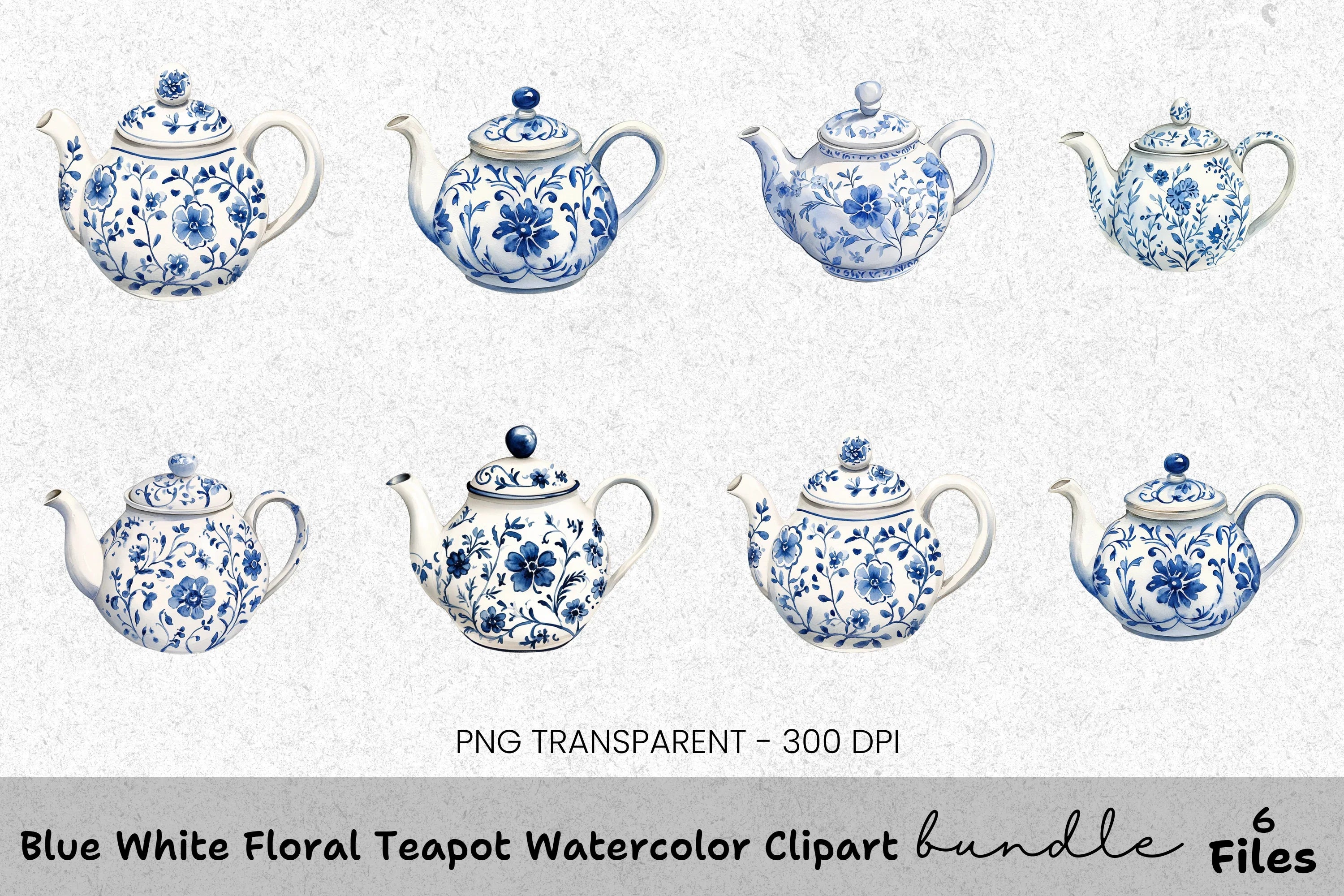 Blue White Floral Teapot Clipart Bundle