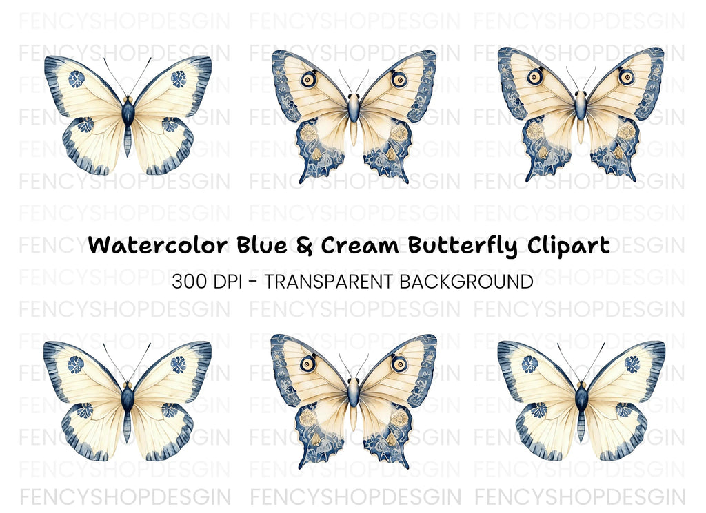 Elegant Blue and Cream Butterfly Clipart Bundle