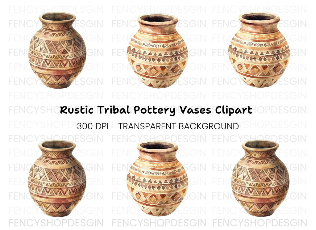 Hand Painted Tribal Clay Pots Clipart Bundle