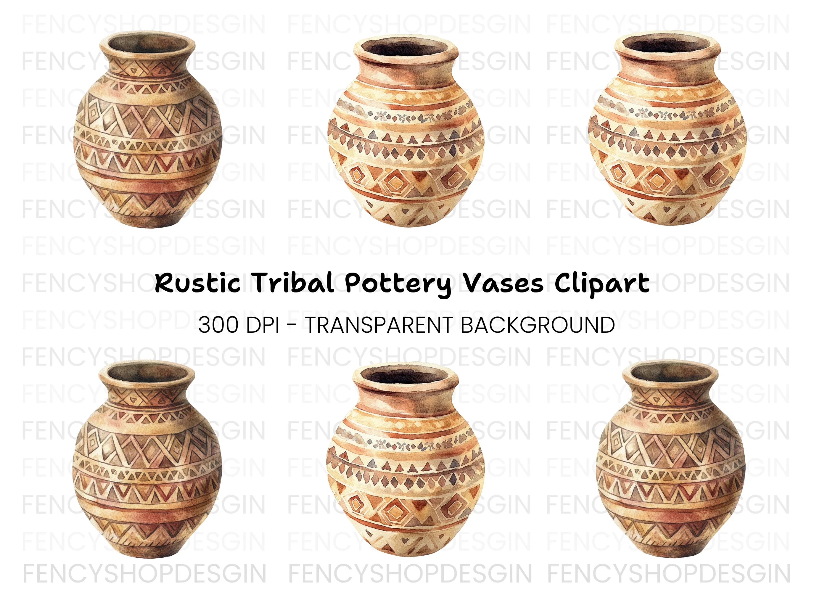 Hand Painted Tribal Clay Pots Clipart Bundle