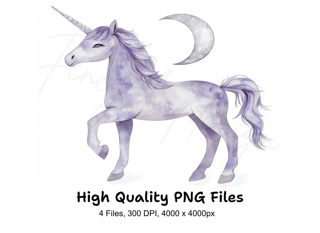 Purple Unicorns and Crescent Moons Clipart Bundle