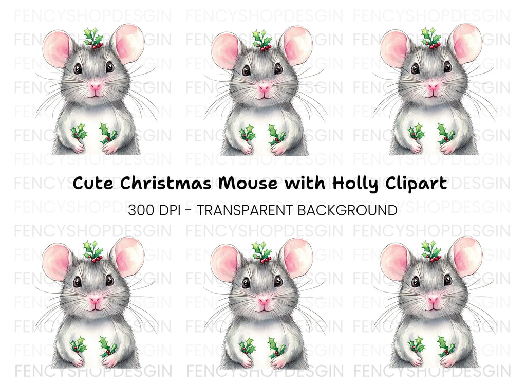 Festive Mouse with Holly Clipart Bundle