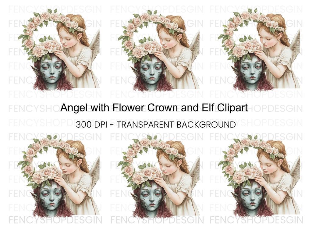 Angel and Elf with Flower Crown Clipart Bundle