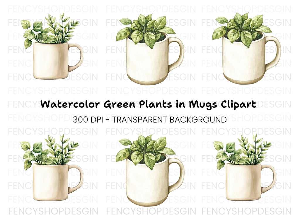 Potted Plants in Mugs Clipart Bundle