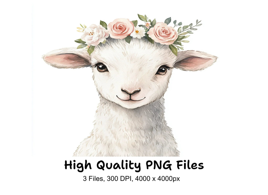 Baby Lambs with Flower Crowns Clipart Bundle