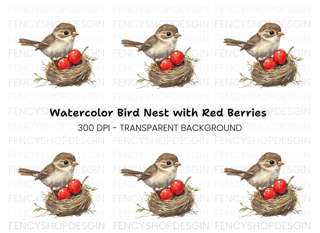 Cute Bird in Nest with Red Berries Clipart Bundle