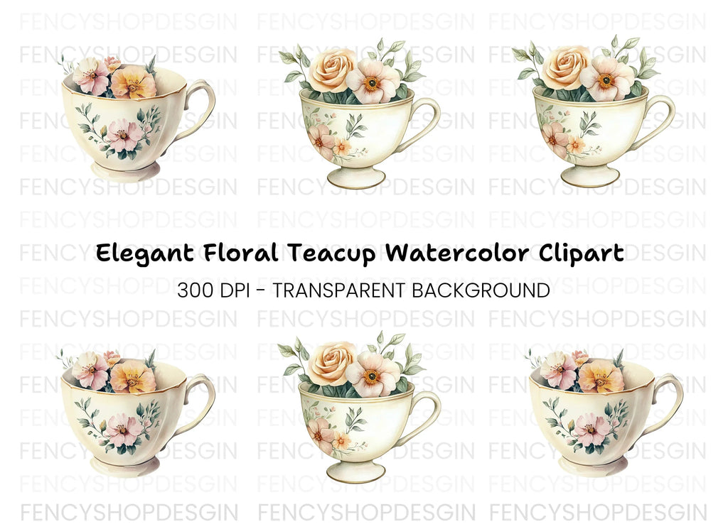 Elegant Floral Teacup Clipart Bundle