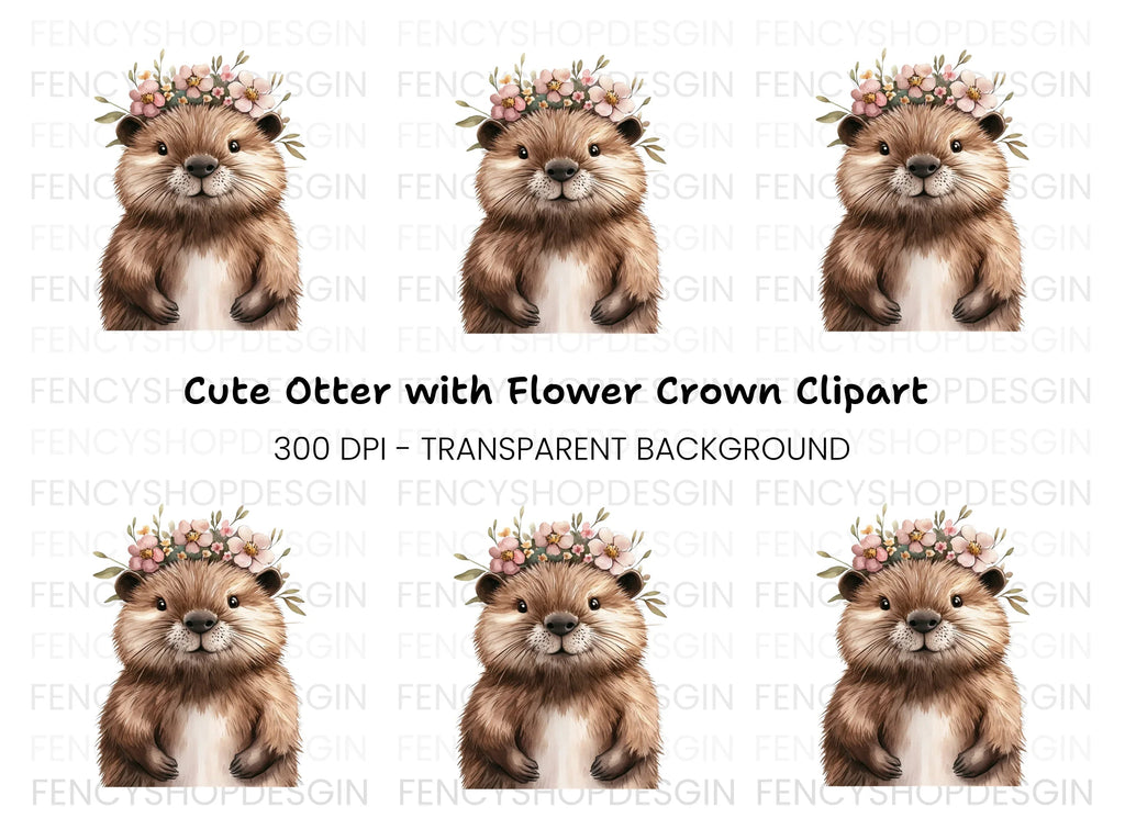 Cute Otter with Flower Crown Clipart Bundle