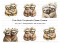 Cute Sloth Couples with Flower Crowns Clipart Bundle