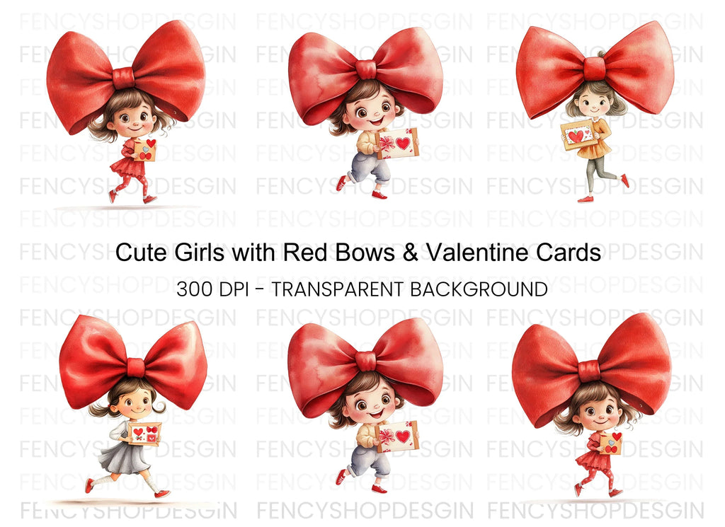 Cute Girls with Red Bows Clipart Bundle