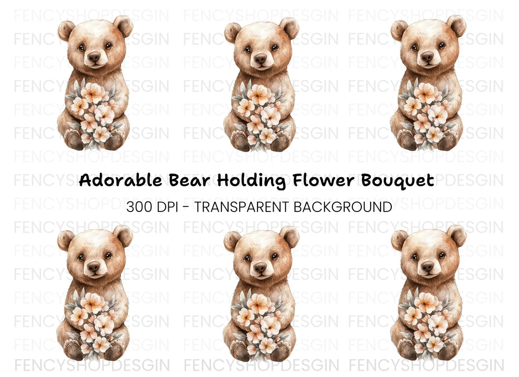Sweet Baby Bear Holding Flowers Clipart Bundle