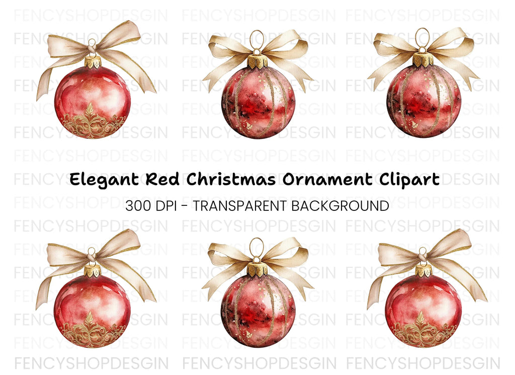 Elegant Red Christmas Ornaments Clipart Bundle