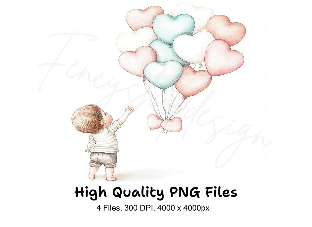 Cute Babies with Heart Balloons Clipart Bundle