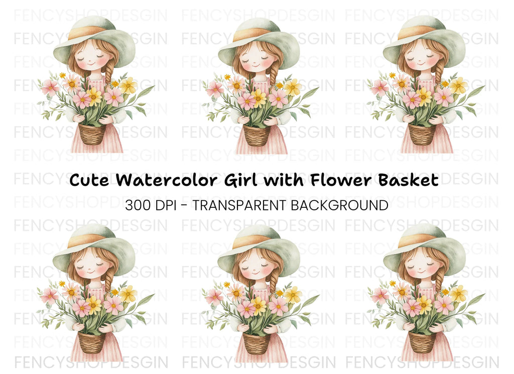 Cute Girl with Flower Pot Clipart Bundle