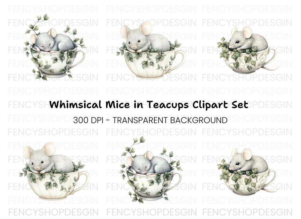 Sleeping Mice in Teacups Clipart Bundle
